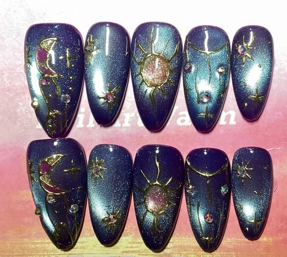 Handmade Other - Gorgeous Celestial Theme Blue Cateye Almond Shape Handmade Press-On Nails Medium